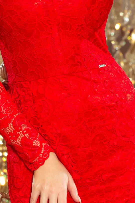 Numoco 170-6 Raudona nėriniuota suknelė ilgomis rankovėmis