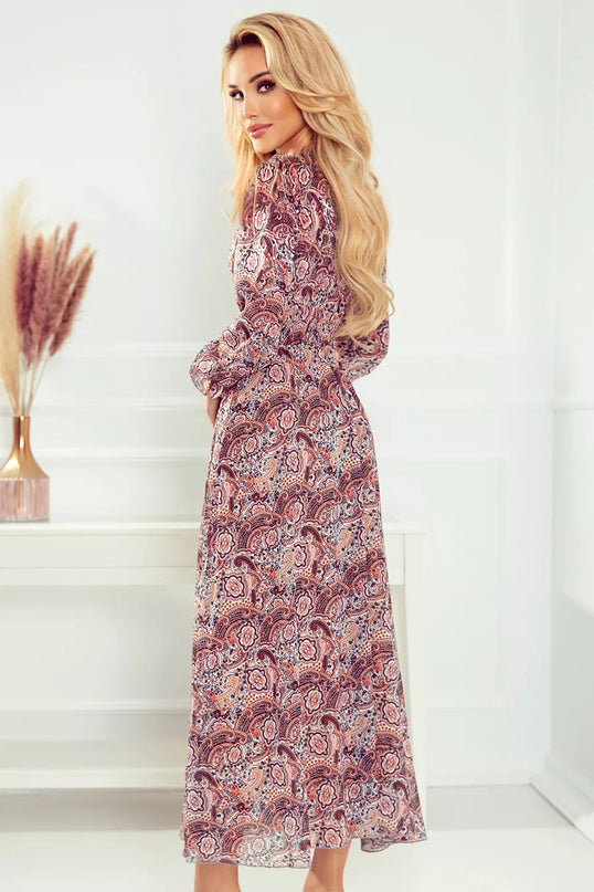 Numoco 378-1 šifono MIDI suknelė – rudas boho raštas